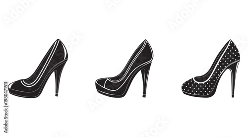 Three black highheeled shoes with different designs on white background  high heels  fashion accessories