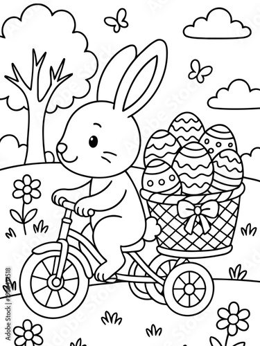 Easter Bunny's Egg Delivery: An adorable bunny rides a tricycle, cheerfully delivering decorated Easter eggs through a springtime landscape. 