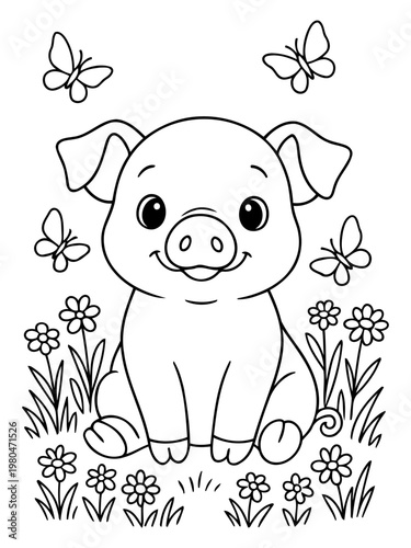 Cheerful Piglet's Garden Adventure: A cheerful piglet with adorable eyes and a heartwarming smile, basking amidst a whimsical garden, where playful butterflies flutter and delicate flowers bloom