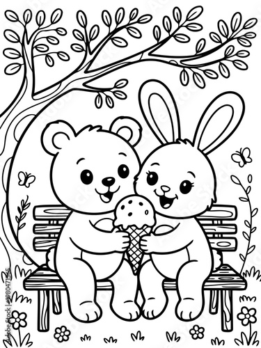 Shared Sweetness: A cuddly bear and bunny share an ice cream cone on a park bench under a tree. Perfect for coloring and evoking sweet, innocent feelings.