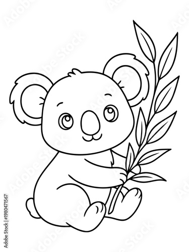 Sweet Koala Embrace: A cute, cuddly koala sits peacefully, embracing a branch of eucalyptus leaves, showcasing its innocent charm.
