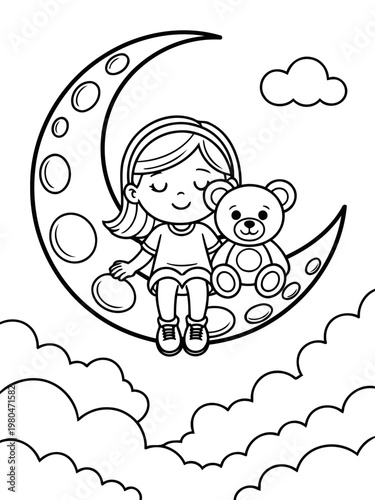 Dreamy Embrace on the Crescent Moon: A young girl, cuddled with her teddy bear, finds solace upon a crescent moon, enveloped in a realm of peaceful slumber and childhood dreams. 