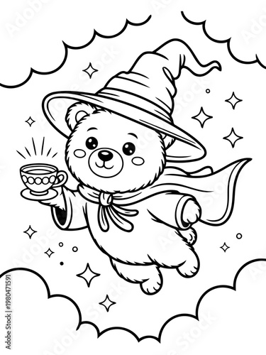Magical Bear Wizard: An adorable bear, dressed as a whimsical wizard, floats with a teacup in hand, surrounded by a constellation of stars and enchanting clouds.