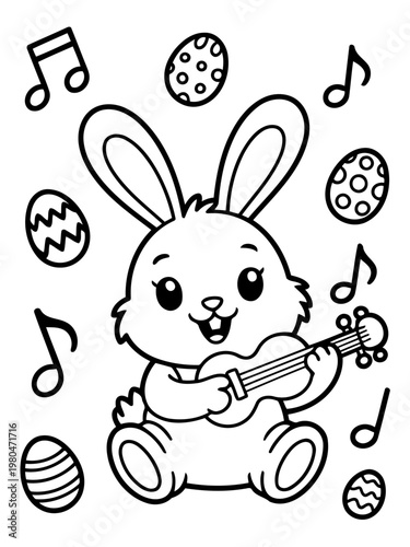 Easter Bunny's Melodic Serenade: An adorable Easter bunny strums a miniature instrument, surrounded by musical notes and decorated eggs, creating a whimsical and joyful scene.