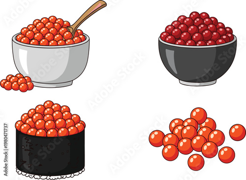 Fresh Red Caviar Illustration Set Featuring Fish Roe in Bowls, Spoon and Sushi Roll for Gourmet Seafood and Luxury Food Design Isolated on White Background