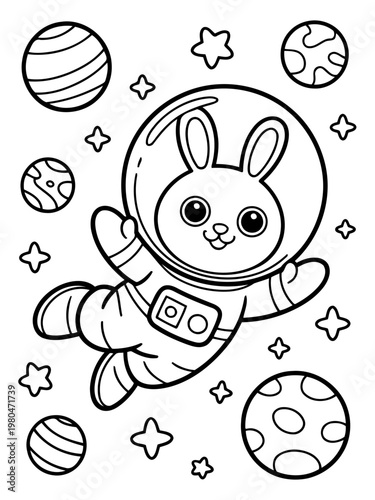 Bunny Astronaut in Space: An adorable cartoon bunny, dressed in a space suit, floating gracefully amidst the stars and planets of the cosmos.