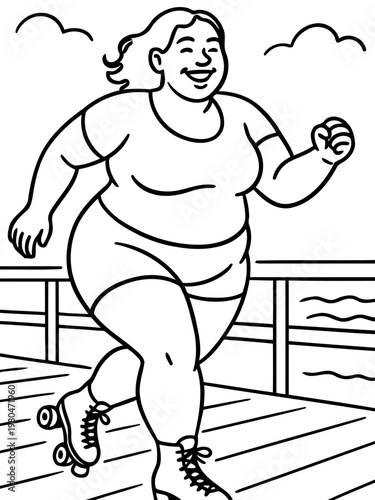 Joyful Roller Skating: A cheerful woman glides along, roller skating with boundless energy and a radiant smile, capturing the pure joy of movement and the delight of a sunny day.