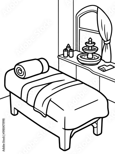 Serene Spa Interior: A cozy spa room, a massage table draped with a soft towel, evoking tranquility and relaxation. Perfect for wellness and escape.