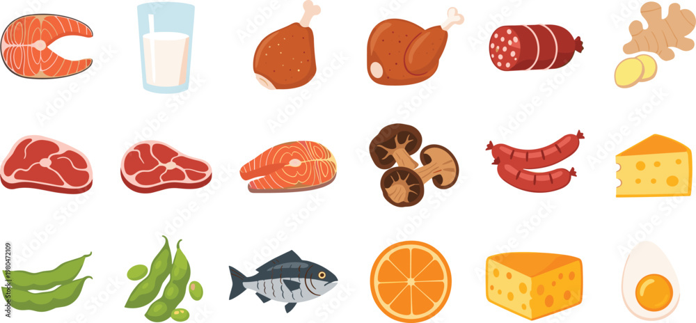 Obraz premium Balanced Diet Food Illustration Set Featuring Meat Fish Milk Cheese Eggs Vegetables Fruits and Protein Rich Ingredients in Flat Style Isolated on White Background