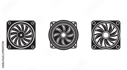 Three different computer cooling fans for CPU or case ventilation  various designs and shapes  computer hardware components