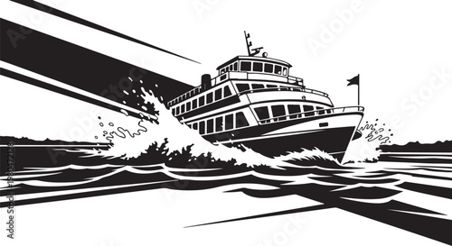 Speedboat, Luxury Yacht, Black and White Vector, Nautical Illustration, Watercraft