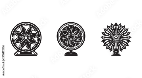Three different fan designs with unique blades and grills on white background  electric fans for air circulation and cooling