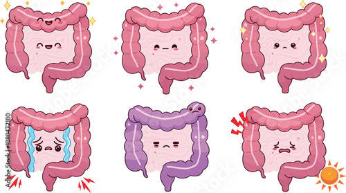 Cute Intestine Character Illustration Set Showing Healthy and Unhealthy Gut Conditions with Happy Sad Sick and Pain Expressions in Cartoon Style