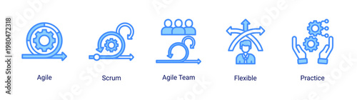 Agile DevOps icon set with scrum team,flexible workflow and development practice for continuous iteration process