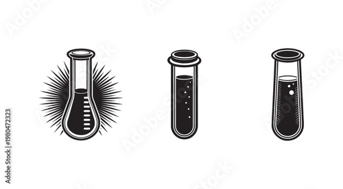 Three laboratory test tubes with liquids and one with sunburst effect around it science laboratory equipment for experiments and research purposes only