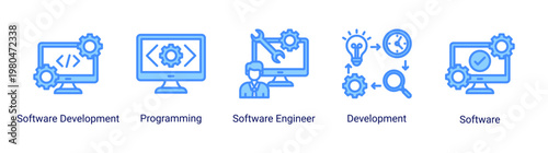 DevOps development icon set including programming,software engineering and application development for modern coding workflow