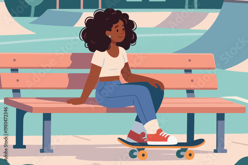 Illustration Of A Woman Sitting On A Park Bench With A Skateboard At Her Feet Vector Design Template