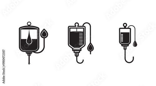 Three medical IV drip bag and tube sets for intravenous fluid administration in hospitals and clinics with different levels of liquid and tube designs  medical equipment for healthcare