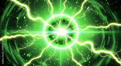 Anime style green energy sphere with lightning strikes and glowing particles