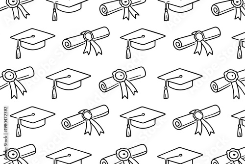 Graduation cap and diploma scroll pattern celebrating academic achievement.