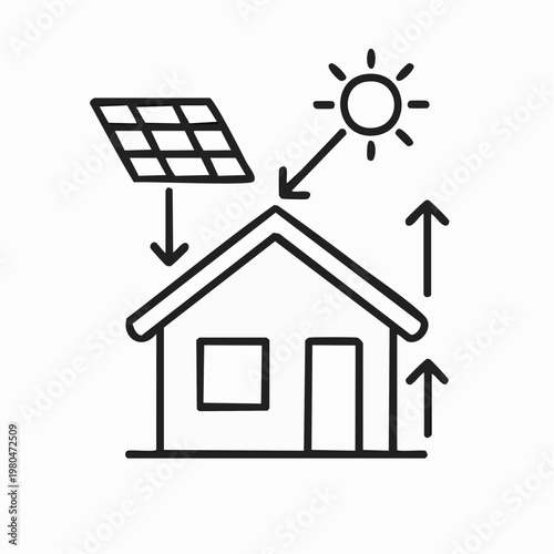Sustainable home energy system with solar panels on the roof converting sunlight into power for the house