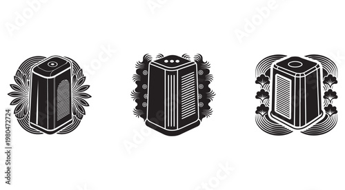 Vector illustrations of three different air purifiers with decorative floral patterns around them