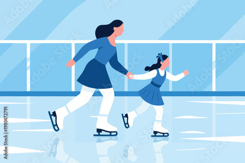 Illustration Of Happy Family Winter Activities With Mother And Daughter Ice Skating Together Vector Design Template