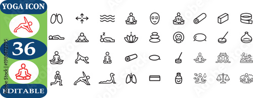Collection of yoga icons and editable meditation symbols  various poses and objects