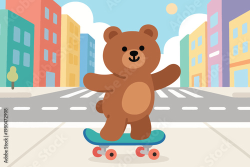 Illustration Of A Bear Playing Skateboard On The Side Of A City Street Vector Design Template