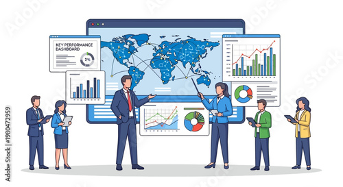Business professionals analyzing global data on a digital interface for analysis