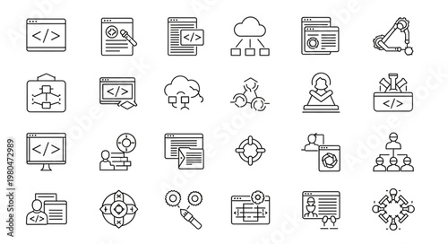 Collection of various technology and software development icons.