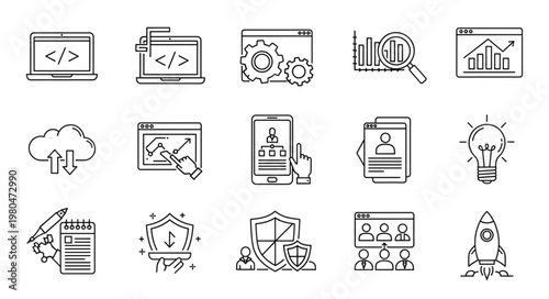 Collection of various technology and business related icons in black and white.