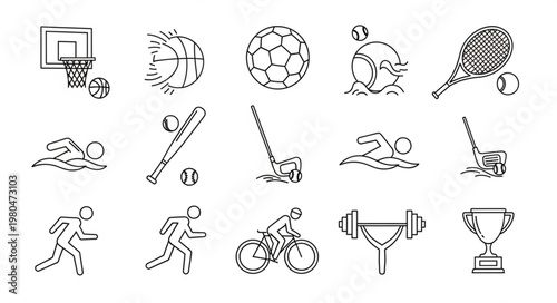 Collection of various sports icons and symbols in a sketch style.