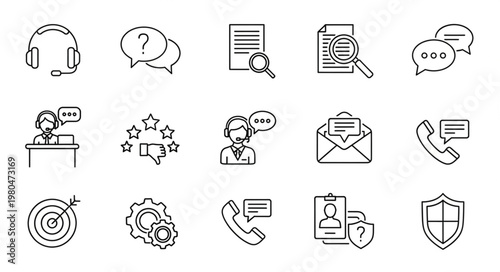Customer service and support icons representing communication and assistance.