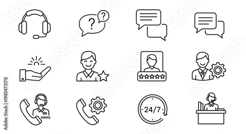 Customer service and support icons representing communication and assistance.