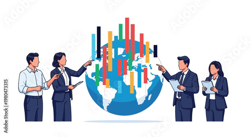 Business team analyzing global data represented by colorful charts