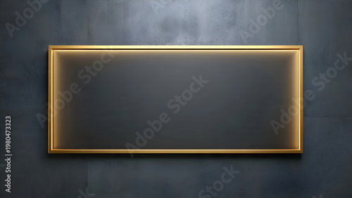 Empty golden framed rectangle on textured background with subtle lighting creating a warm ambiance, perfect for display or design