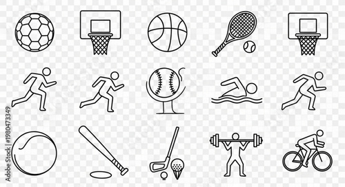 Collection of various sports equipment and athletes in line art style.