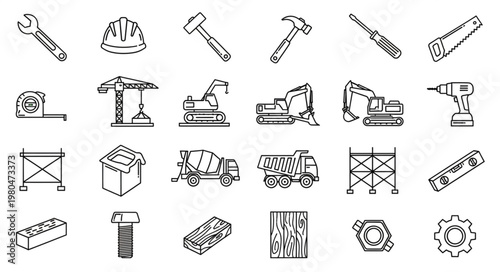 Construction tools and equipment illustration, perfect for building and industry projects.