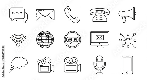 Communication icons set representing various methods of contact and information exchange.