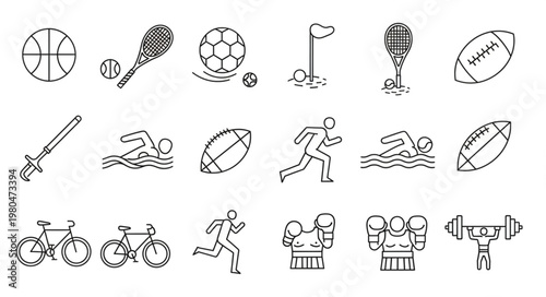 Collection of various sports equipment and activities for recreation and competition.