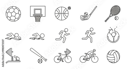 Collection of various sports icons and symbols in black and white.