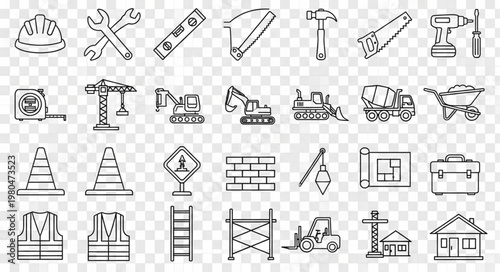 Construction tools and equipment icons set for building and repair work.