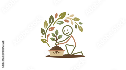Happy Stick Figure Planting a Tree Nature Concept