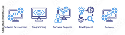 DevOps development icon set including programming,software engineering and application development for modern coding workflow