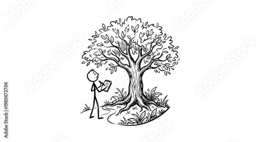 Stick Figure Sketching a Large Tree Outdoors