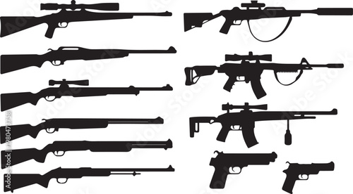 gun rifle pistol vector icons set showing firearm parts and profiles