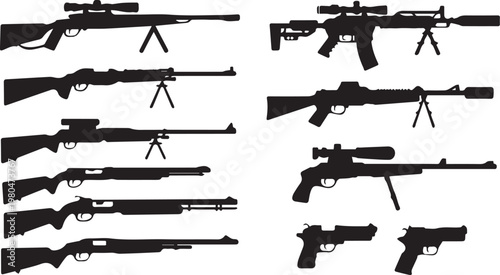 gun rifle pistol silhouettes vector set comparison of firearm shapes