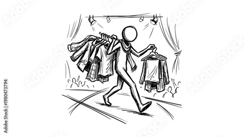 Stick Figure Carrying Clothes on Fashion Runway