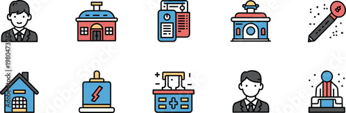 Public service icon set featuring government buildings utilities infrastructure symbols for web app interface and civic administration design